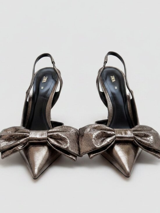 Zara Shoes - Zara Metallic Bow Slingback Heels NWOT Size 38 | Women's Pointed-Toe Pumps